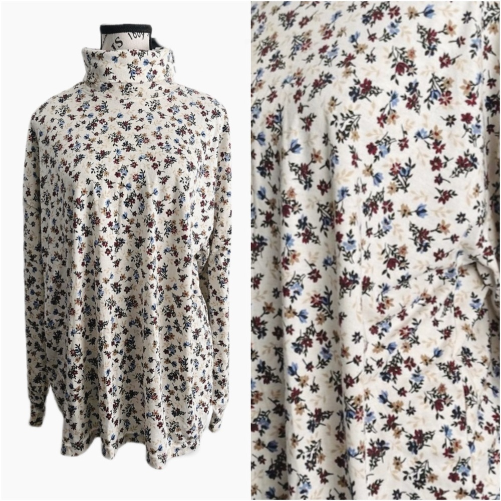 90s Vintage Cream White Turtleneck Micro Flower Print Size 2XL